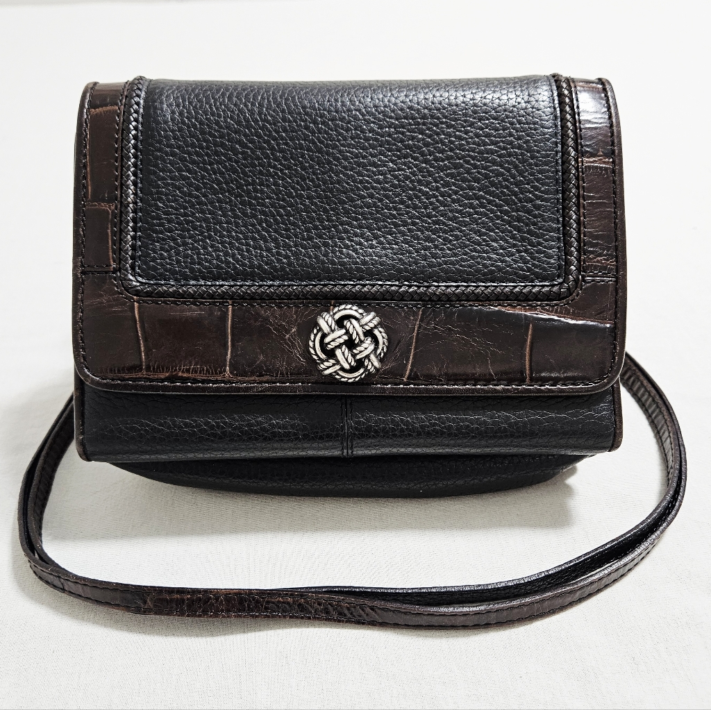 Vintage Brighton Croc Embossed Leather Crossbody Bag Wallet Organizer Black 7"
